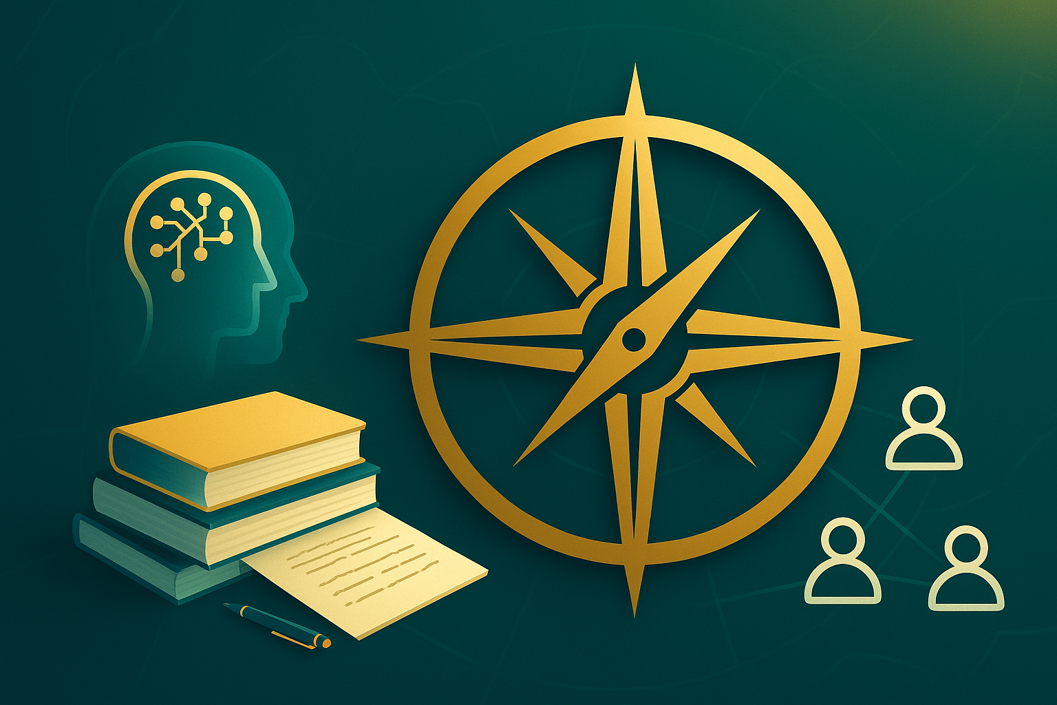 Krisenintervention Planspiel-Krisenkompass: goldener Kompass mit KI-Agent und Team-Symbolen auf blaugrünem Radarhintergrund – Krisenintervention & Stabstraining für Bürgerschutz, Feuerwehr und Verwaltung.
